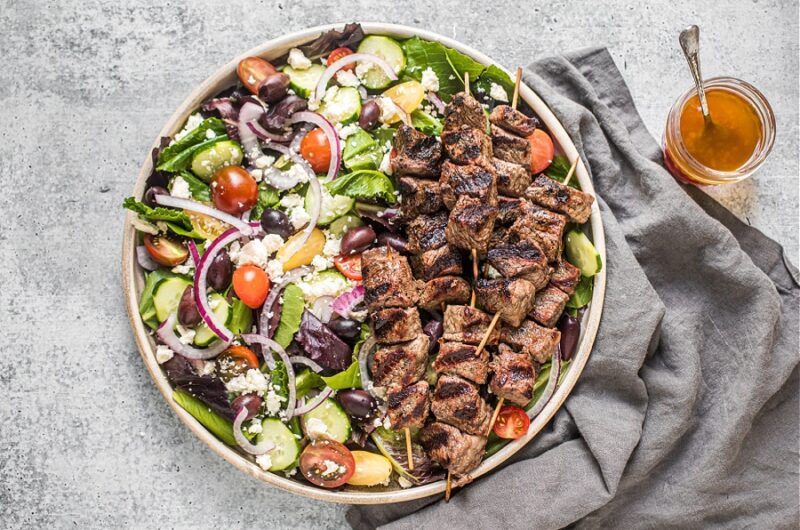 Beef Skewers with Greek Salad